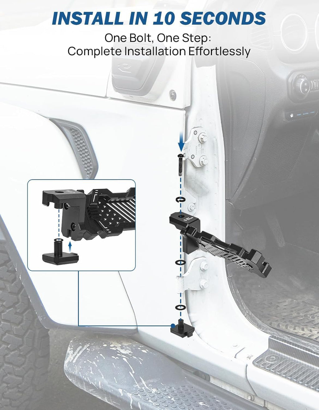 JOYTUTUS 120° CNC Wrangler Foot Pegs Doors Off Compatible with Wrangler JK, JKU, JL, JLU & Gladiator JT 2007 to 2025, Aluminum Exterior Door Hinge Foot Rest Pedals Footrests